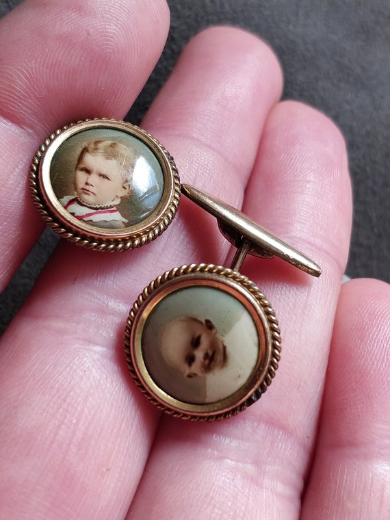 Edwardian cuff links with children, Photo cuff li… - image 1