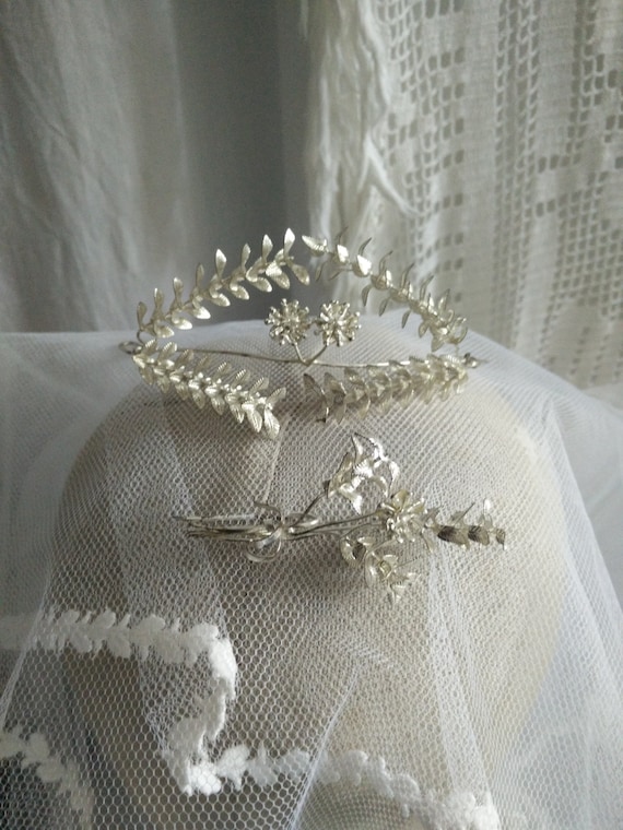 Elegant German Myrtle Crown, Vintage Silver Wedding Tiara 