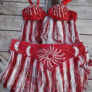 Vintage Red and gold show outfit, burlesque, oriental dance, gold sequins, beaded, brocante,
