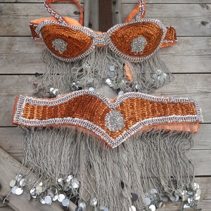 Vintage orange and silver show outfit, burlesque, oriental dance, gold sequins, beaded, brocante,