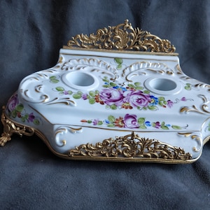 Antique french inkwell stand, inkl well, pen holder, roses in porcelain, gilded