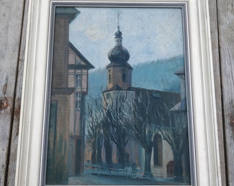 Peinture antique d’une église, citiescape allemande, affligé, shabby chic, brokante