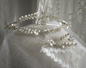Elegant german myrtle crown, vintage silver wedding Tiara, silver myrtle wreath, vintage wedding