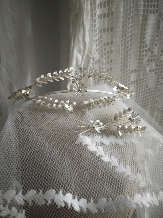 Elegant German Myrtle Crown, Vintage Silver Wedding Tiara  display picture 2