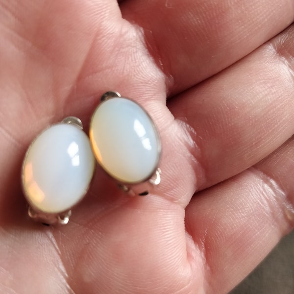 Vintage White Glass cabochon earclips, ear clips, Clip on earrings