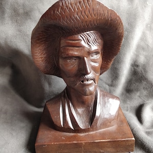 Carved wooden shepherd bust, Italian? Missing cigarette, dark wood bust