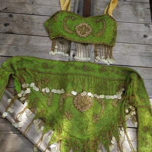 Vintage green and gold show outfit, burlesque, oriental dance, gold sequins, beaded, brocante,