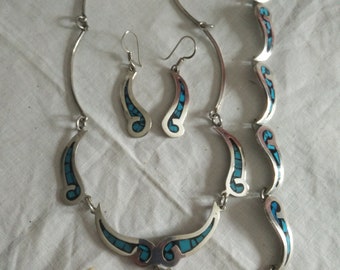 Vintage mexican jewellery set, chandelier earrings, bracelet, collier, necklace, 925 Sterling silver. Old mexico, turquoise