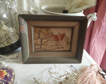 Old framed embroidery house, farmhouse, rustic home decor, shabby chic, brocante, French chic, vintage embroidery picture, silver frame