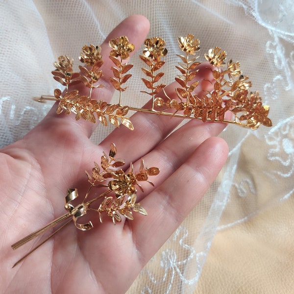 Deutsche gold Myrtenkrone, Myrte Tiara, Hochzeitsanger, Brauttier, Vintage-Hochzeit Tiara, Korsage, Lapelstift, Brautschmuck