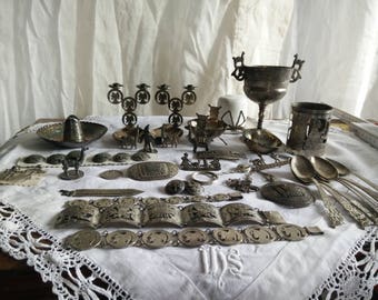 Very large 1960s collection of andean silver, Potosí, bolivia and Chile, silver goblet, brooches, cuff links, spoons, llama, alpaca, coins