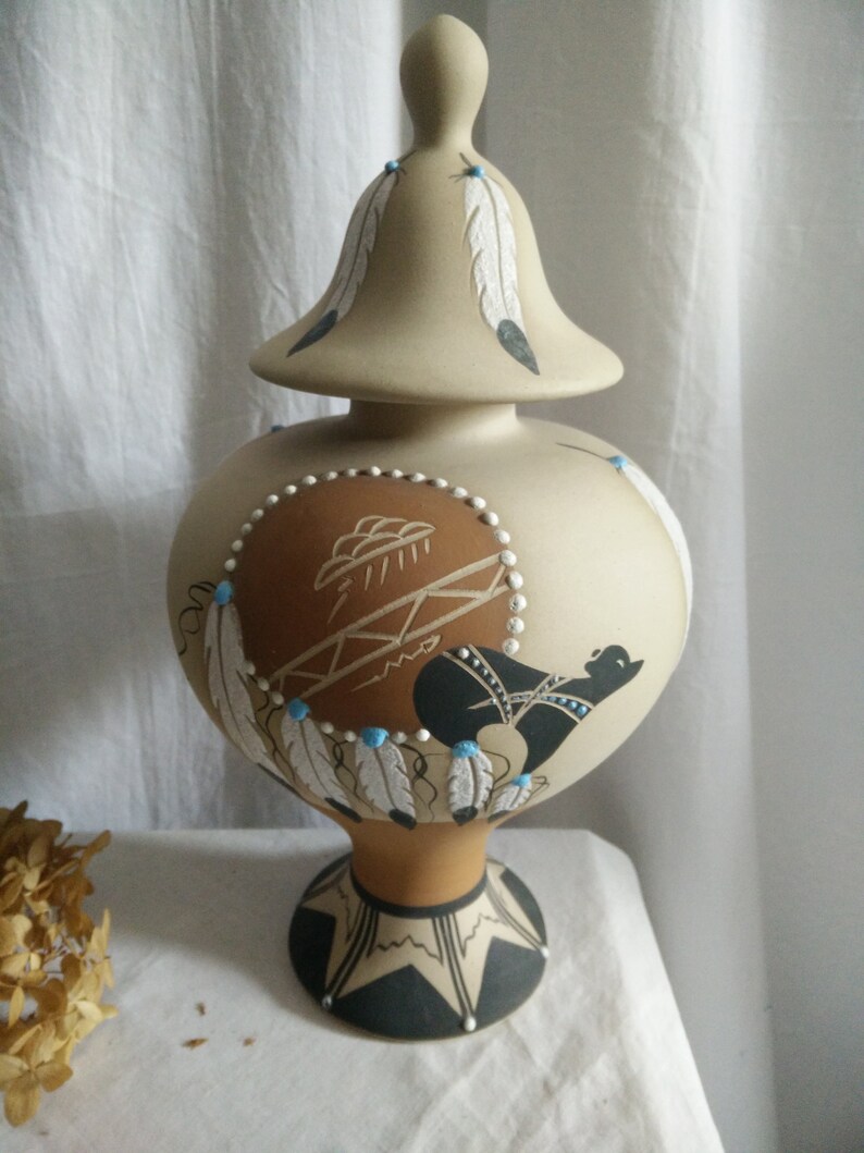native american pottery fetish bear Large Southwest style urn Navajo shield feathers