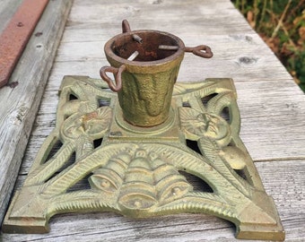 Kerstboomstandaard, edwardian, groen gietijzer, bellen, kaarsen, brocante