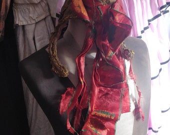 Antique German Folk bonnet, Frankfurt Region? , Traditional gold brocade womans hat with shredded silk ribbons