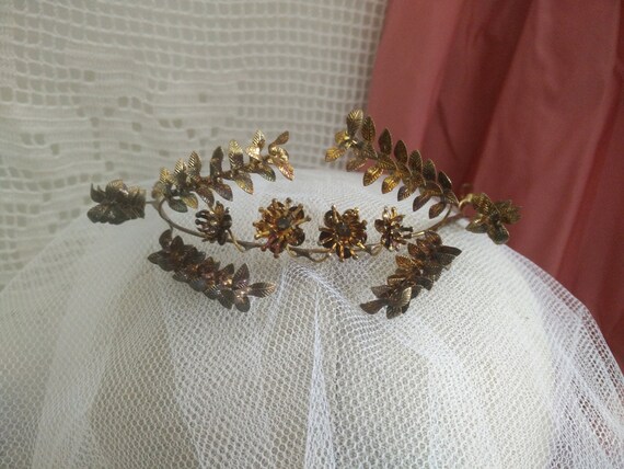 Vintage german myrtle Tiara, golden, blackend wedd
