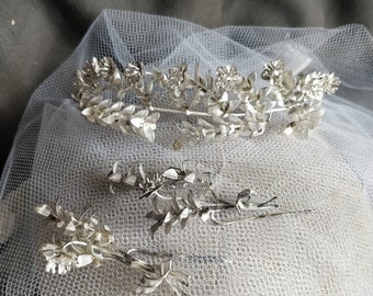 German silver myrtle crown, myrtle Tiara, wedding aniversary , bridal Tiara, vintage wedding tiara, corsage, myrtle lapel pin, bride,