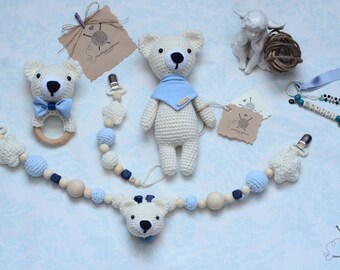 Personalized crochet baby gift set,handmade, bear,pacifier holder, teether ring- rattle and stroller chain rattle toy, gift for sweet babies