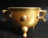 BestOffer-Chinese Antique Golden Bronze Censer Handles Incense Burner quot XuanDe quot Mark