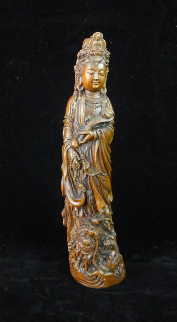 7/" Chinese old antique Boxwood wood carved Beauty statue Sculpture