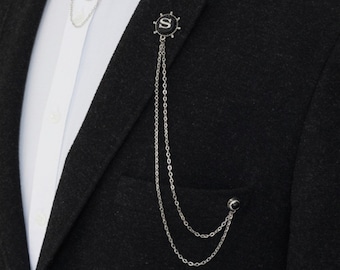 Customized Rudder Jacket Chain Brooch, Personalized Letter Collar Pin, Handmade Lapel, Gift Man, Men's Jewellery Accessory Wedding Groomsmen