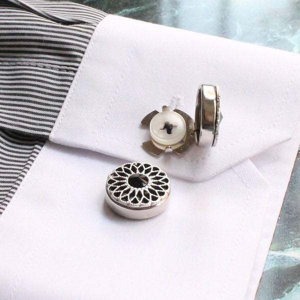 Black Stones Button Cover Cufflinks, Handmade Cuff Links, Unique Design Men's Jewelry, Gifts For Him, Wedding Accessory Groomsmann