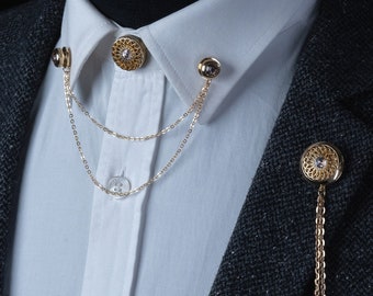 Ensemble de broche en chaîne avec pierre de cristal blanc faite main, col veste, épinglette, épingle chaîne de chemise, broche de revers, accessoire de mariage, cadeau pour lui