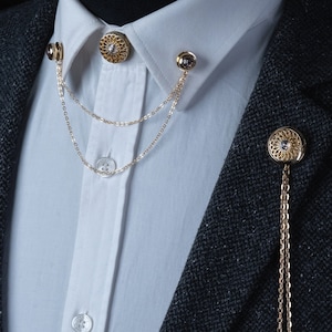 Handmade White Crystal Stone Shirt Jacket Collar Chain Brooch Set, Lapel Pin,Shirt Chain Pin, Lapel Brooch,  Wedding Accessory, Gift For Him