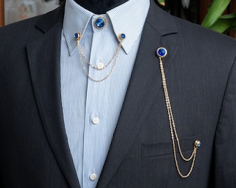 Conjunto de broche de cadena para camisa y chaqueta de piedra azul hecho a mano: pin de solapa, accesorio de boda