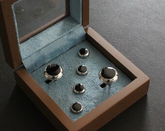 4 Boutons De Manchette Smoking Noir Et Argent Nordstrom - Occasion Comme Neuf Avec Boîte En Cuir