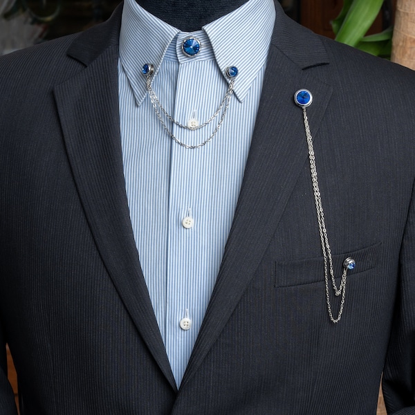 Handmade Blue Stone Shirt Jacket Collar Chain Brooch Set, Lapel Pin, Shirt Chain Pin, Lapel Brooch,  Wedding Accessory, Gift For Him Men Dad