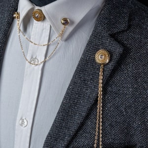 Pink Stone-Gold Shirt Jacket Collar Chain Brooch Set, Suit Chain Lapel Pin, Lapel Brooches, Engagement Wedding Accessory Gifts For Him Men