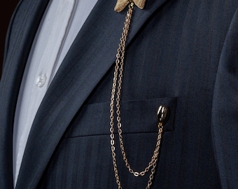 Gold & Silver Bow Tie Lapel Chain Pin, Wedding Suit Brooch Jewelry, Jacket Collar Chain