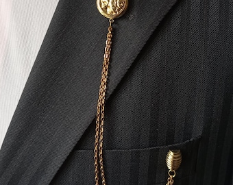 Handmade Lion Lapel Pin Brooch with Chain, Gold Plated Suit Accessory for Men, Groom Gift, Royal Style Jewelry, Luxury Gentleman Brooch
