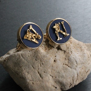Handmade Gold Plated Initial Cufflinks – Personalized Monogram Cuff Links – Customized Navy Blue & Gold Formal Mens Wedding Gift Accessory