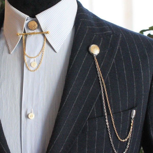 Gold & Silver Color Shirt Jacket Collar Chain Brooch Set, Jacket Lapel Pin, Lapel Chain Pin, Gift For Him, Men's Jewellery Gifts Jewelry