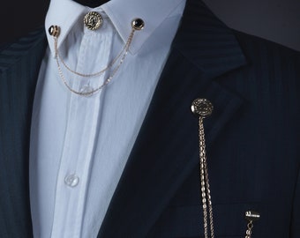 ハンドメイドシャツジャケットカラーチェーンブローチセット：ラペルピンウェディングアクセサリー、ラペルピン、シャツチェーンピン、ラペルブローチ、男性へのギフト