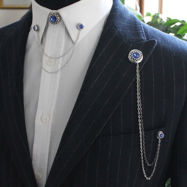 Jacket Shirt Lapel Pin Set, Collar Chain Brooch, Shirt Chain Pin, Lapel Brooch, Gift For Groomsmen, Men's Jewellery Accessory, Mens Gifts