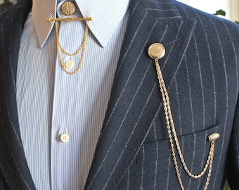 Conjunto de broche de cadena de cuello de chaqueta de camisa de color dorado, pin de solapa de chaqueta, pin de cadena de camisa, broche de solapa, regalo para él, joyería de regalos de joyería para hombres