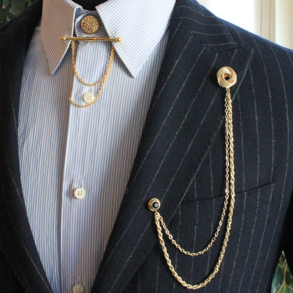 Conjunto de broche de cadena de cuello de camisa de color dorado, pasador de solapa de chaqueta, pasador de cadena de camisa, broche de solapa, regalo para él, joyería de regalos para hombres