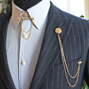 Gold Color Shirt Jacket Collar Chain Brooch Set, Jacket Lapel Pin,Shirt Chain Pin, Lapel Brooch, Gift For Him, Men's Jewellery Gifts Jewelry