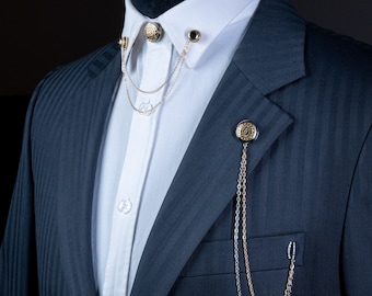 Ensemble de broches en chaîne pour col veste et chemise faite main, accessoire de mariage avec épinglette, épingle pour chaîne pour chemise, broche de revers, accessoire de mariage, cadeau pour lui