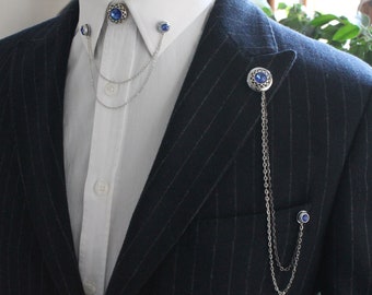 Buy Silver Chain Lapel Pin Set With Blue Stone: Men's Suit