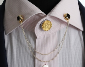 Handgemachte Gold Kragen Kette Brosche: Schwarzer Stein Shirt Pin