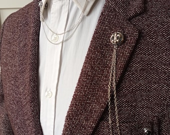 Fleur de Lys Silver Shirt Jacket Collar Chain Brooch Set,Silver Lapel Pin,Shirt Collar Chain Pin, Lapel Brooch,Wedding Brooch, Gift For Him