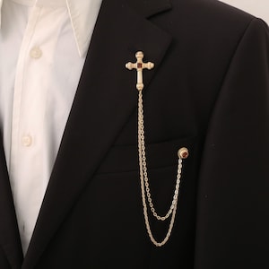 Cross Jacket Lapel Pin , Gold & Silver Jacket Chain Brooch, Brooch With Chain, Suit Accessories, Cross Lapel Chain, Men Accessory