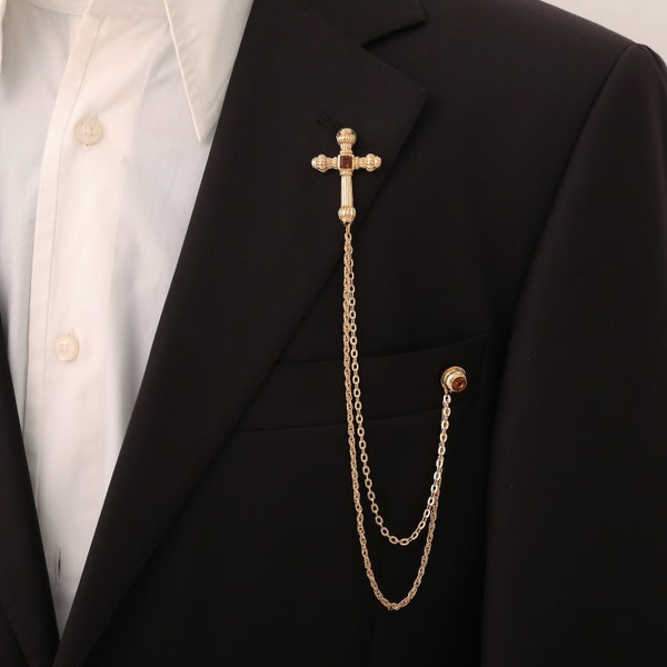 Cross Jacket Lapel Pin , Gold & Silver Jacket Chain Brooch, Jacket Pin, Men Jewellery Groomsmen, Gift For Him, Wedding Jewelry Accessory,