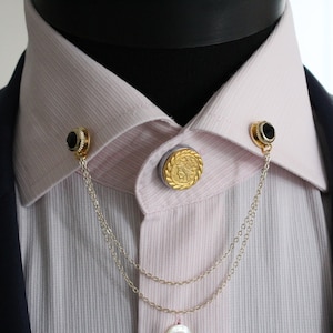 Collar Chain Brooch, Shirt Chain Pin, Handmade Brooch Gold Colour with Black Stone,Men&#39;s Jewellery Accessory,Man Woman Jewelry,Gift For Him