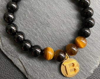 Personalized Natural Stone Letter Bracelet, Handmade Tiger Eye & Onyx Natural Stone Bracelet, Customized Gift Bracelet for Man Woman