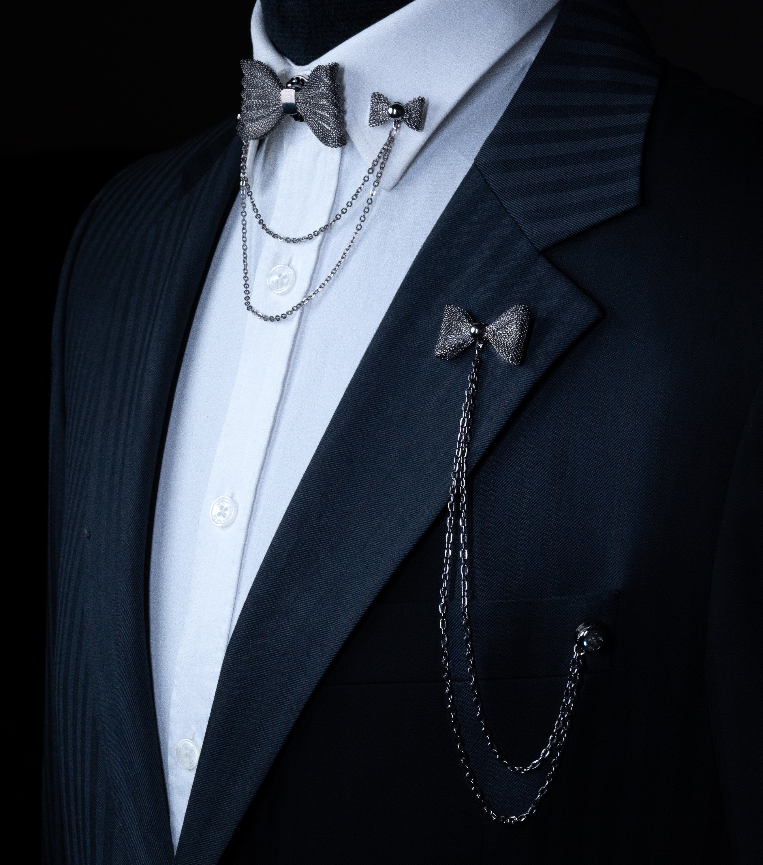 Set di spille a catena per colletto di giacca e camicia in pietra nera fatte a mano, spille da bavero, spille a catena per abito, spille da bavero, accessori da matrimonio, regali