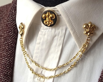 Fleur de Lys Gold Shirt Collar Chain Brooch Set, Gold Shirt Collar Pin, Shirt Collar Chain Pin, Lapel Brooch, Wedding Brooch